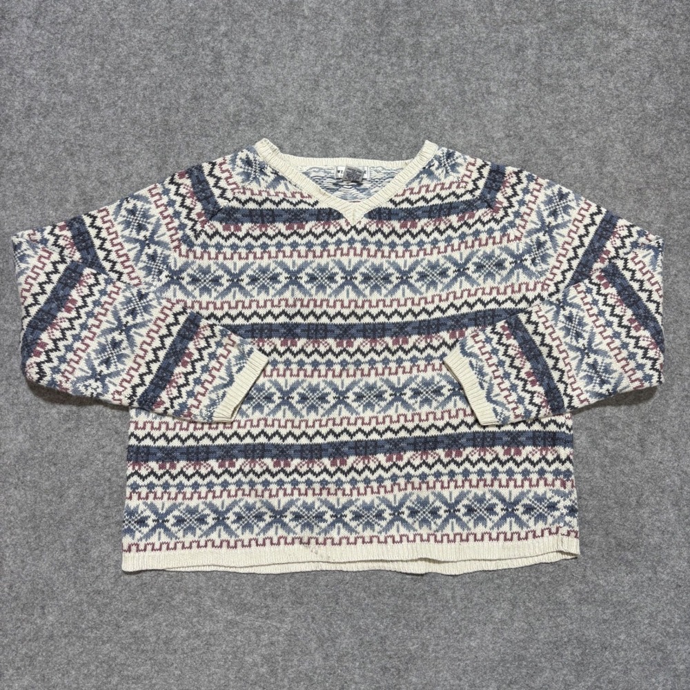 Weathervane Vintage Fair Isle Knit V-Neck Sweater Blue Burgundy Ramie Cotton L